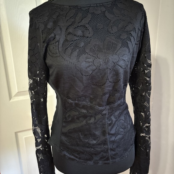 Free People Shirt Womens Sm/Med Black Lace Wild Roses Top Sheer Mesh Blouse - Picture 5 of 6